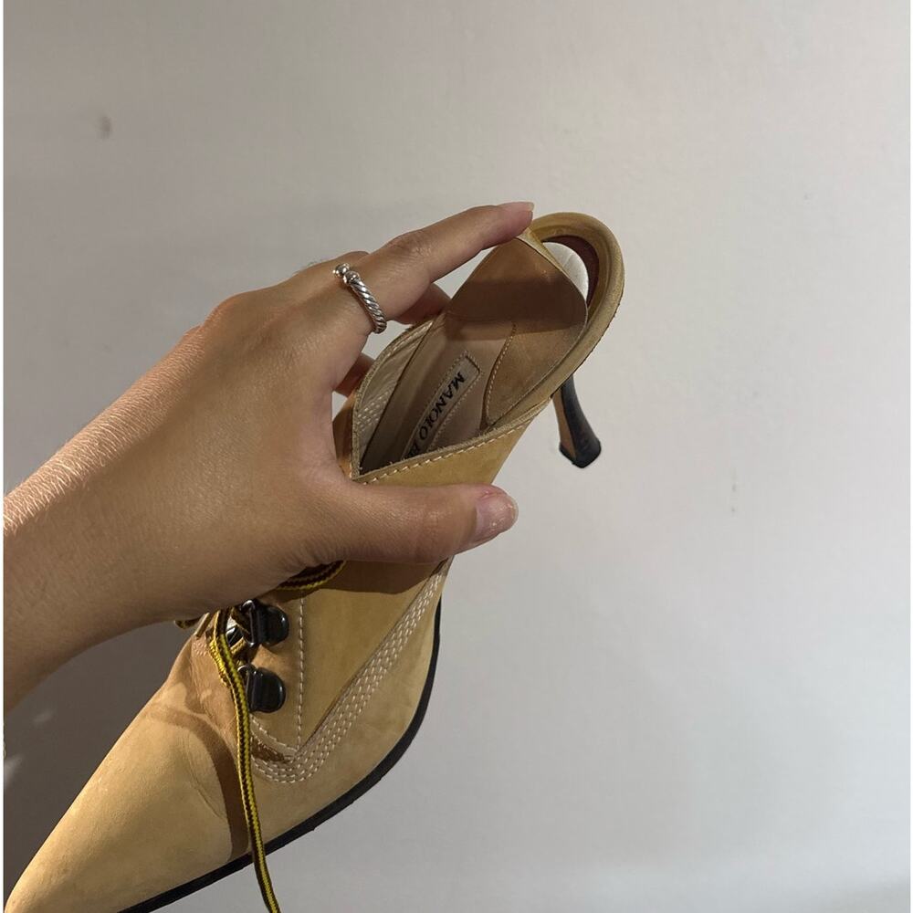 Manolo Blahnik y2k Oklamod Tan Nubuck Timberland Lace Up Mule Heels 38 - Picture 9 of 11
